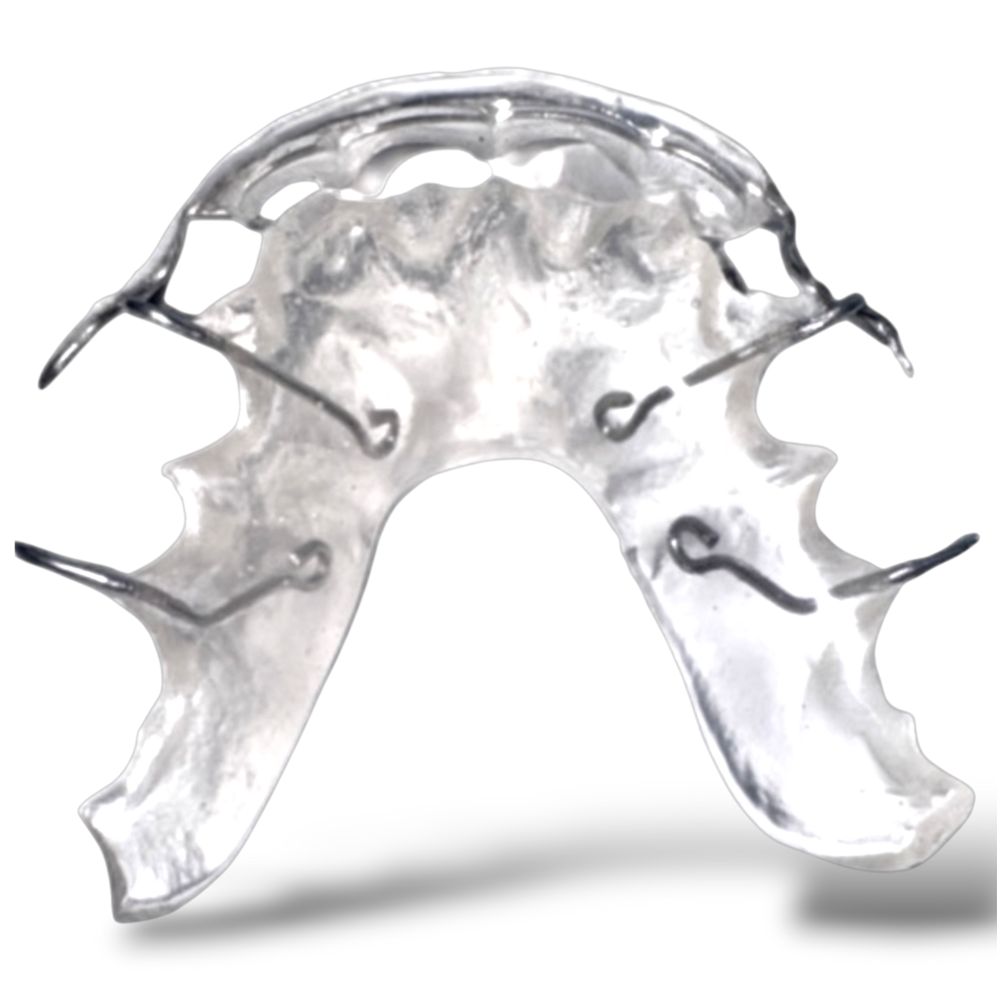 Clear mouthguard with metal framework on a white background