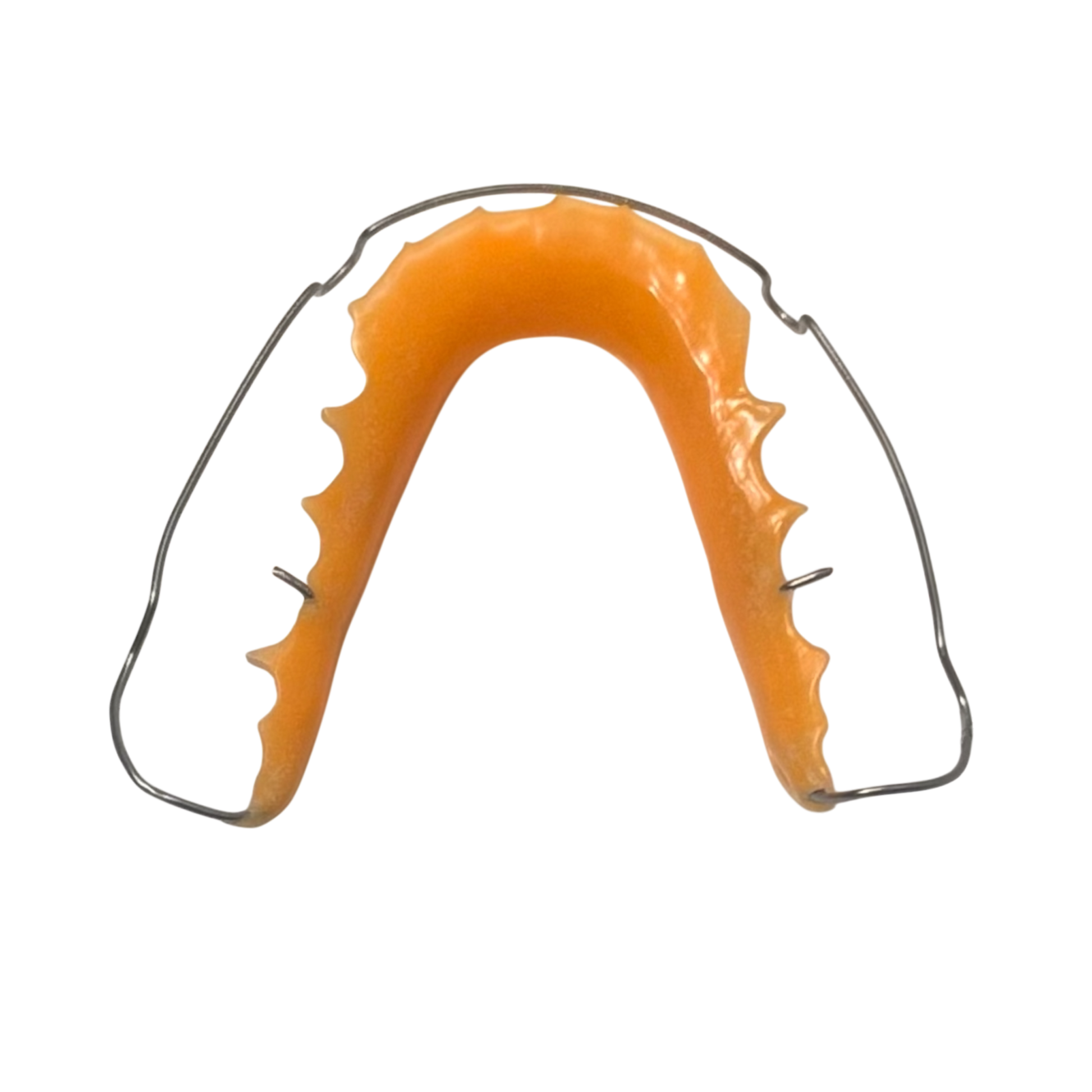 Orange mouthguard with metal frame on a white background