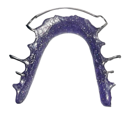 Lower Purple glitter Hawley retainer with stainless steel wire and custom-fit acrylic base.