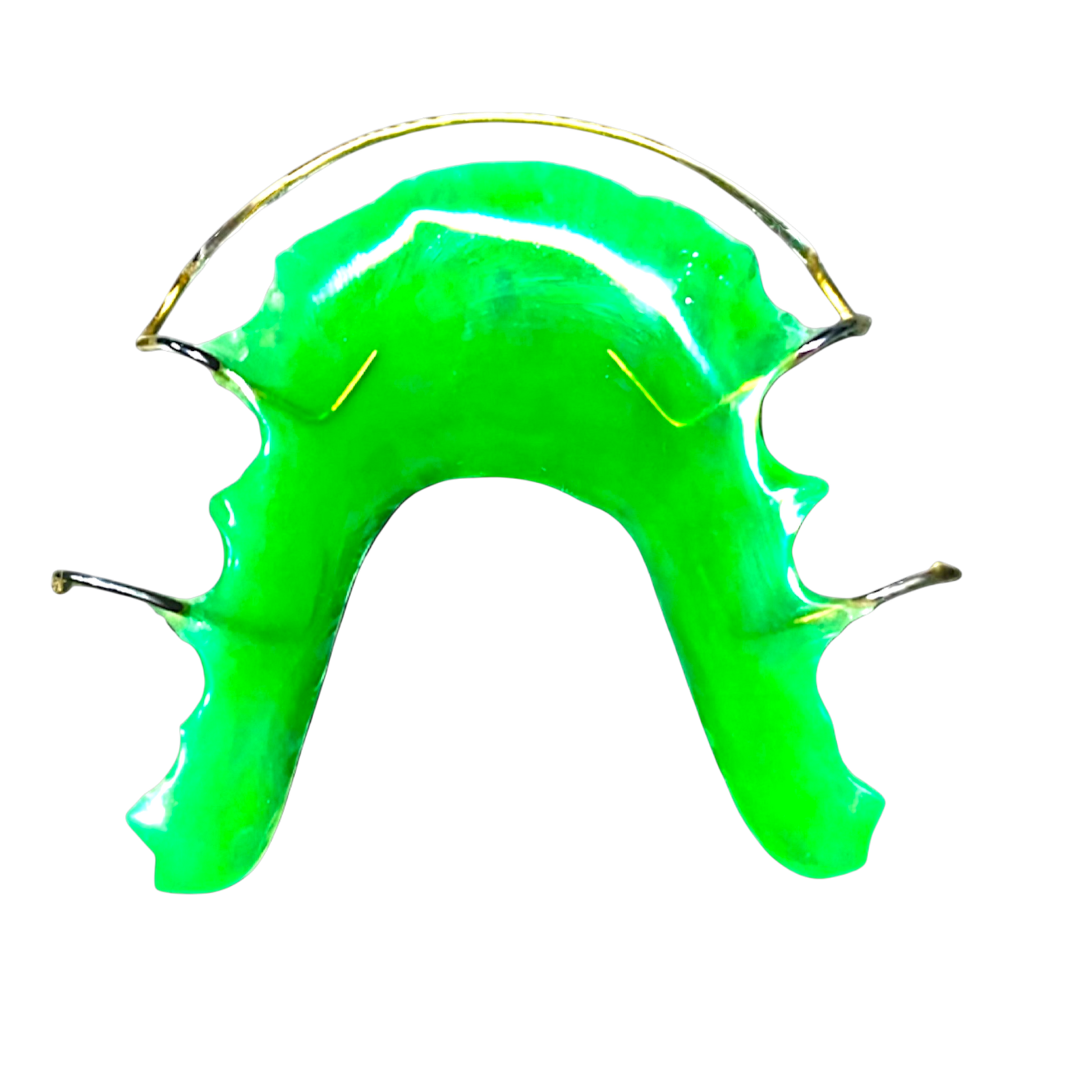 Green retainer with gold arch bow on a white background