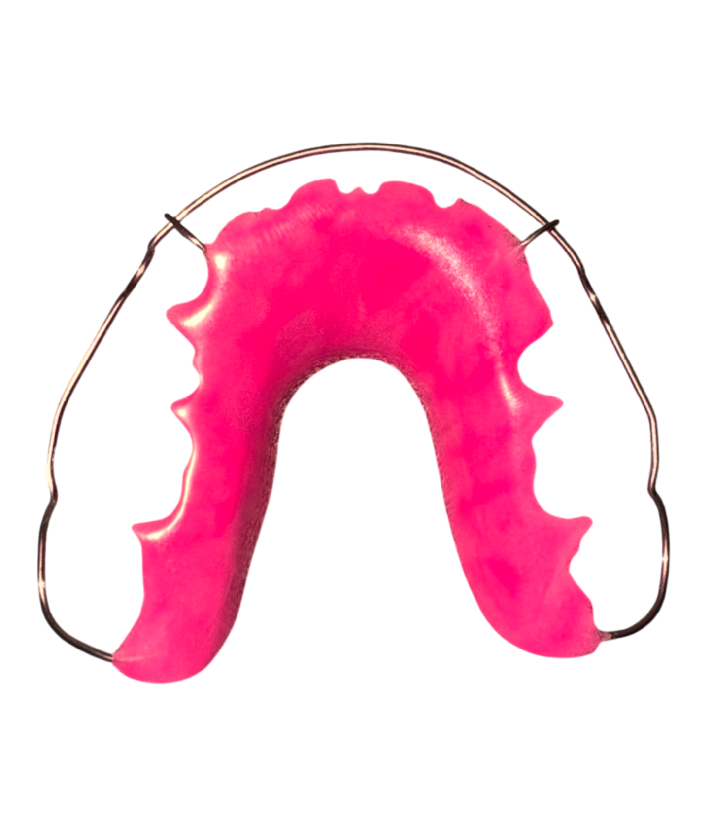 Pink mouthguard with metal frame on a white background