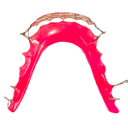 Pink mouthguard with white labial bow, metal frame on a white background