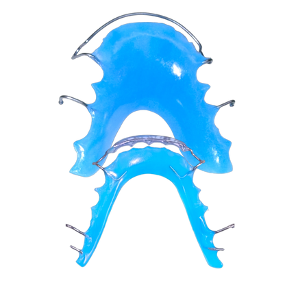 Neon blue retainers with steel wire and white background 