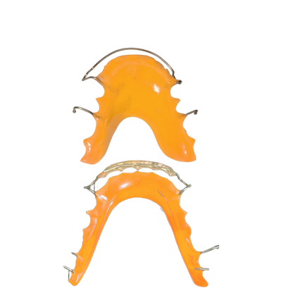 Two orange retainers with metal frames on a white background