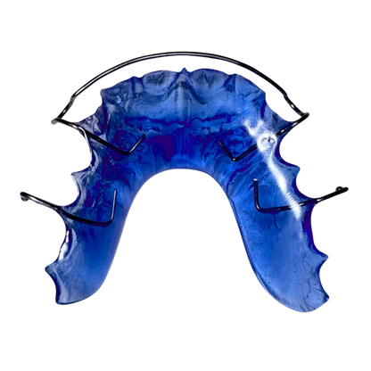 Blue mouthguard with metal frame on a white background