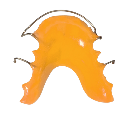 Orange retainer with metal brackets on a white background