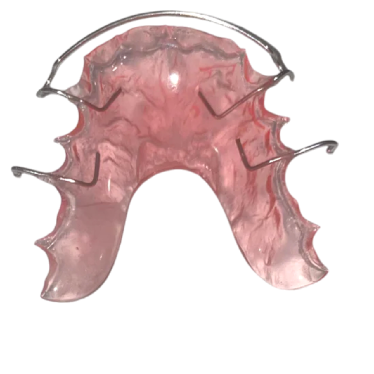 Pink dental retainer with metal framework on a white background