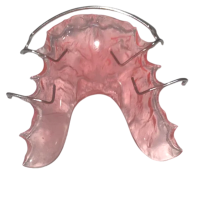 Pink dental retainer with metal framework on a white background