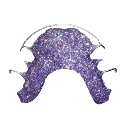 Purple glittery acrylic retainer on a white background