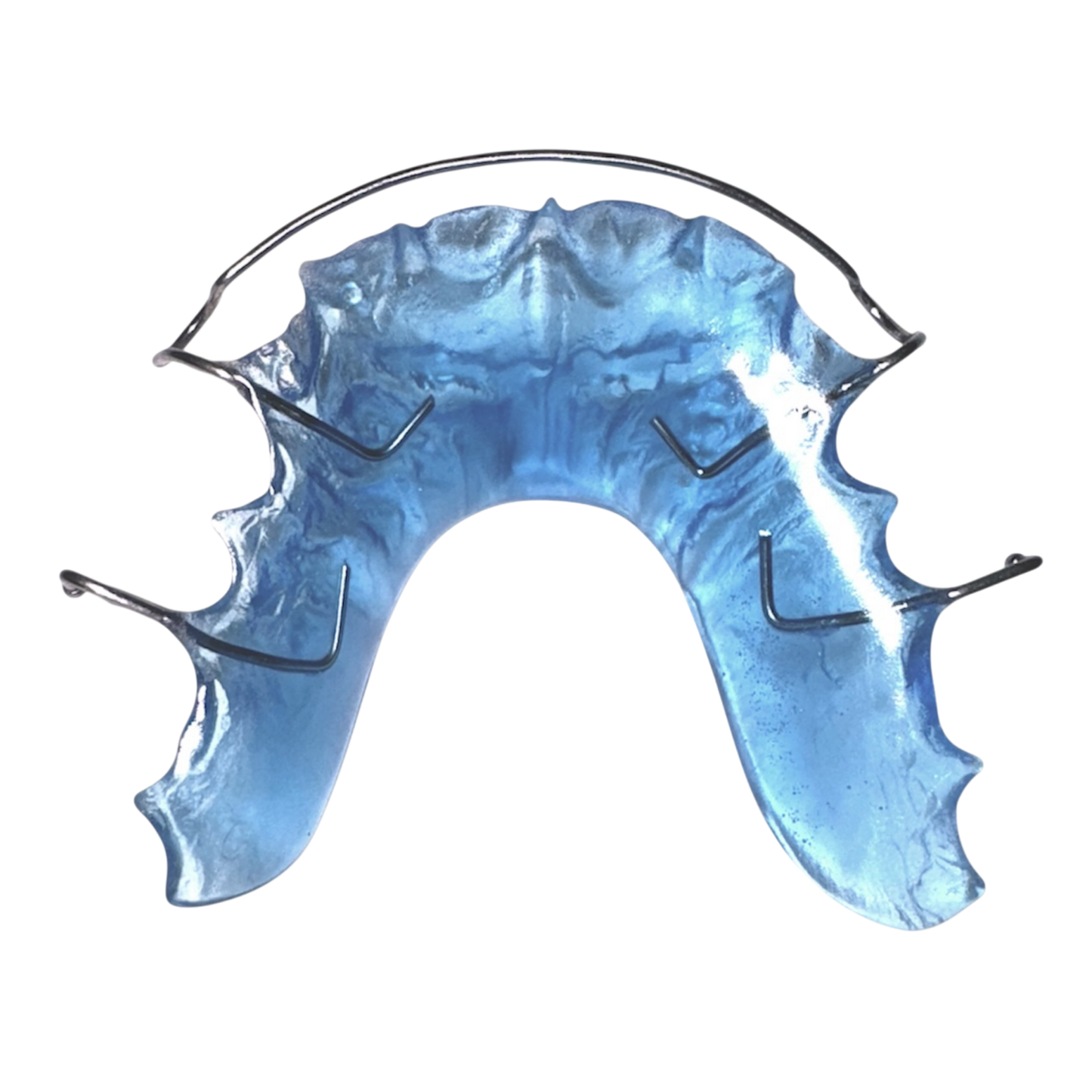 Baby blue dental retainer with metal attachments on a white background