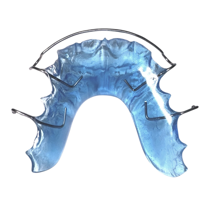 Baby blue dental retainer with metal attachments on a white background