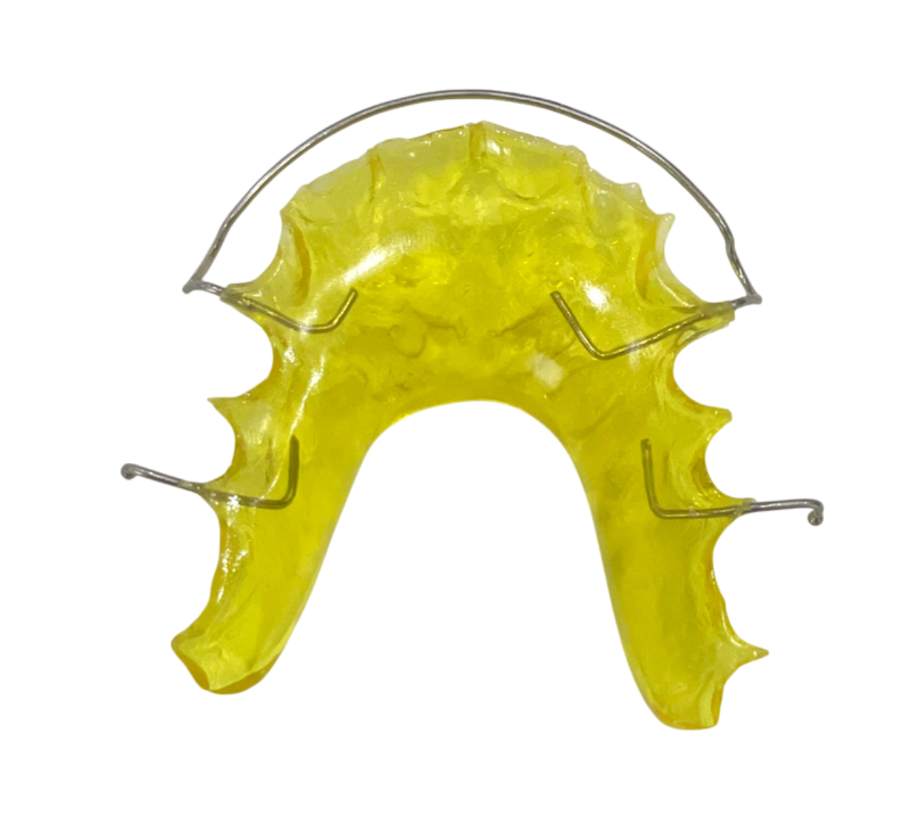 Yellow mouthguard with metal framework on a white background